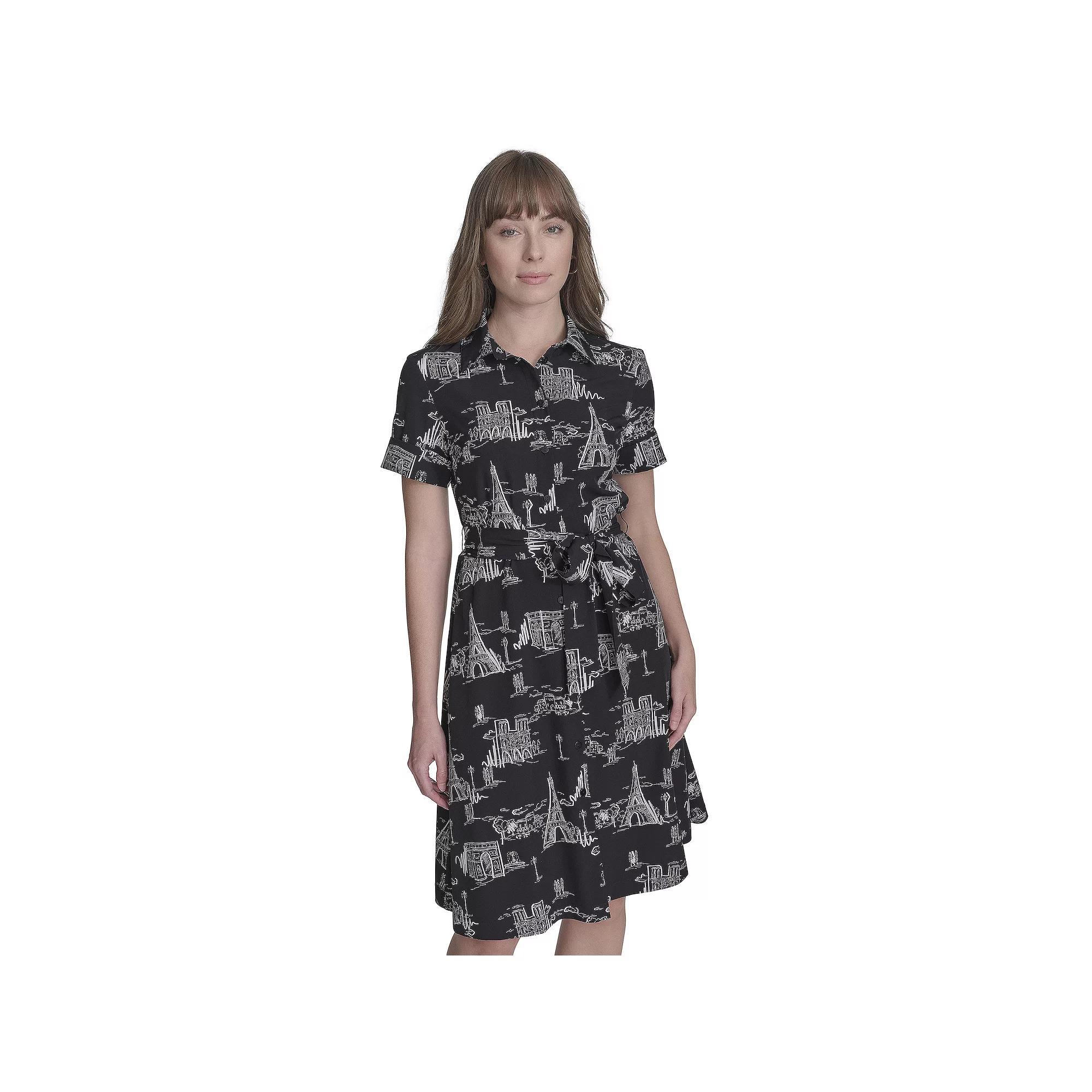 Women's La Nouvelle Renaissance Collared Short Sleeve Midi Shirtdress, Size: 12, Black White Product Image