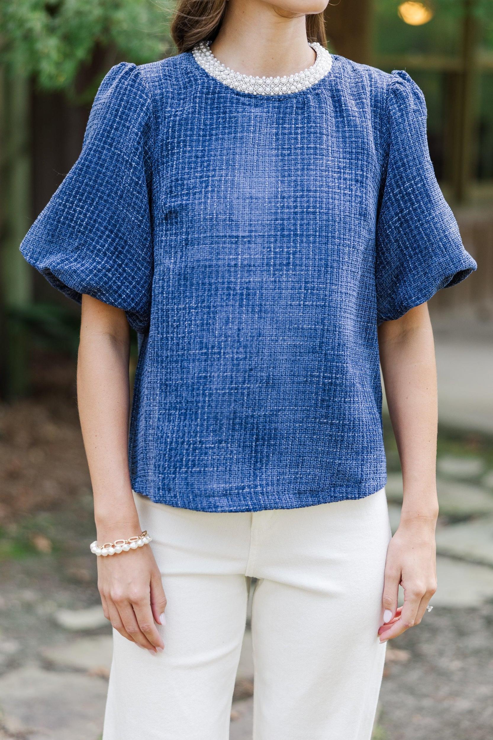 Calling On You Navy Blue Tweed Blouse Female Product Image