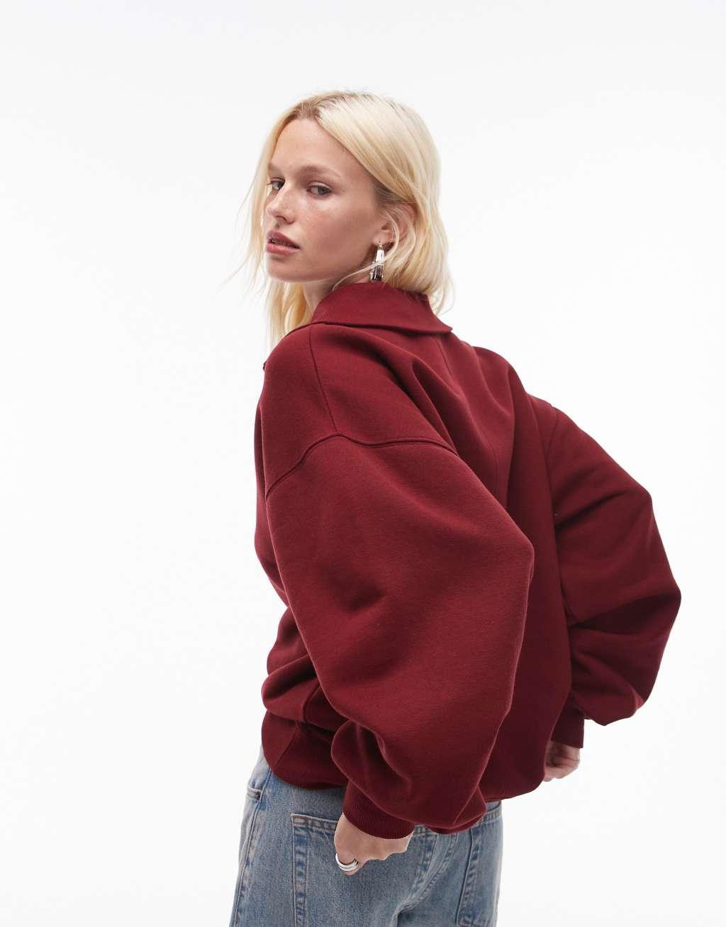 Topshop oversized quarter zip sweat in burgundy Product Image