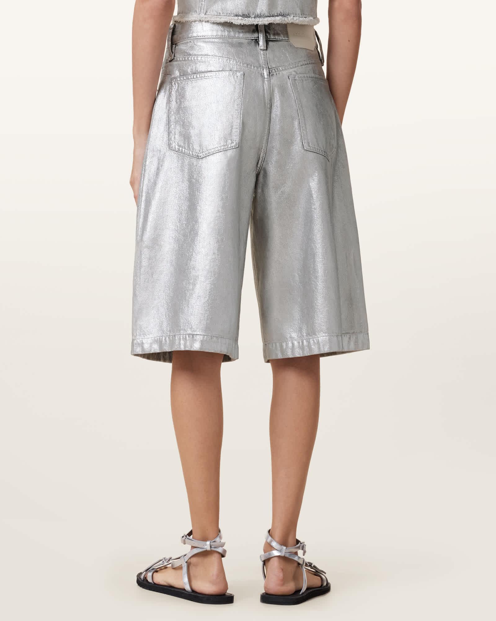 Louie Metallic Long Denim Shorts Product Image