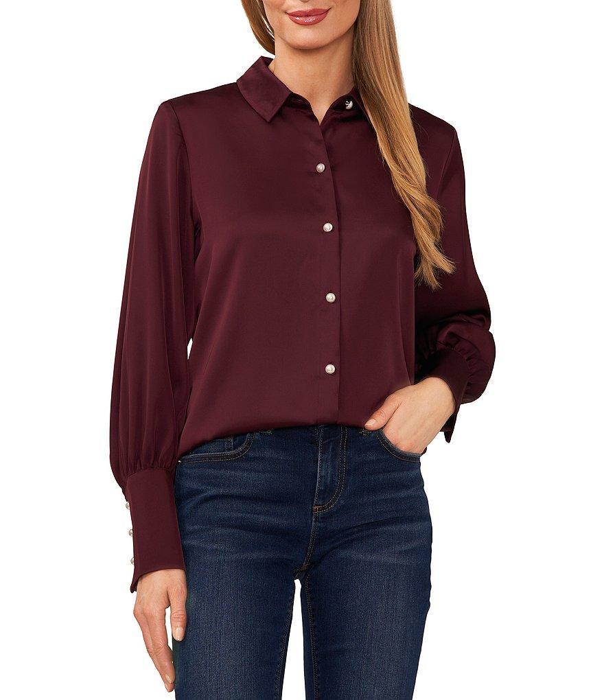 CeCe Satin Point Collar Long Sleeve Tall Cuff Pearl Button Front Blouse Product Image
