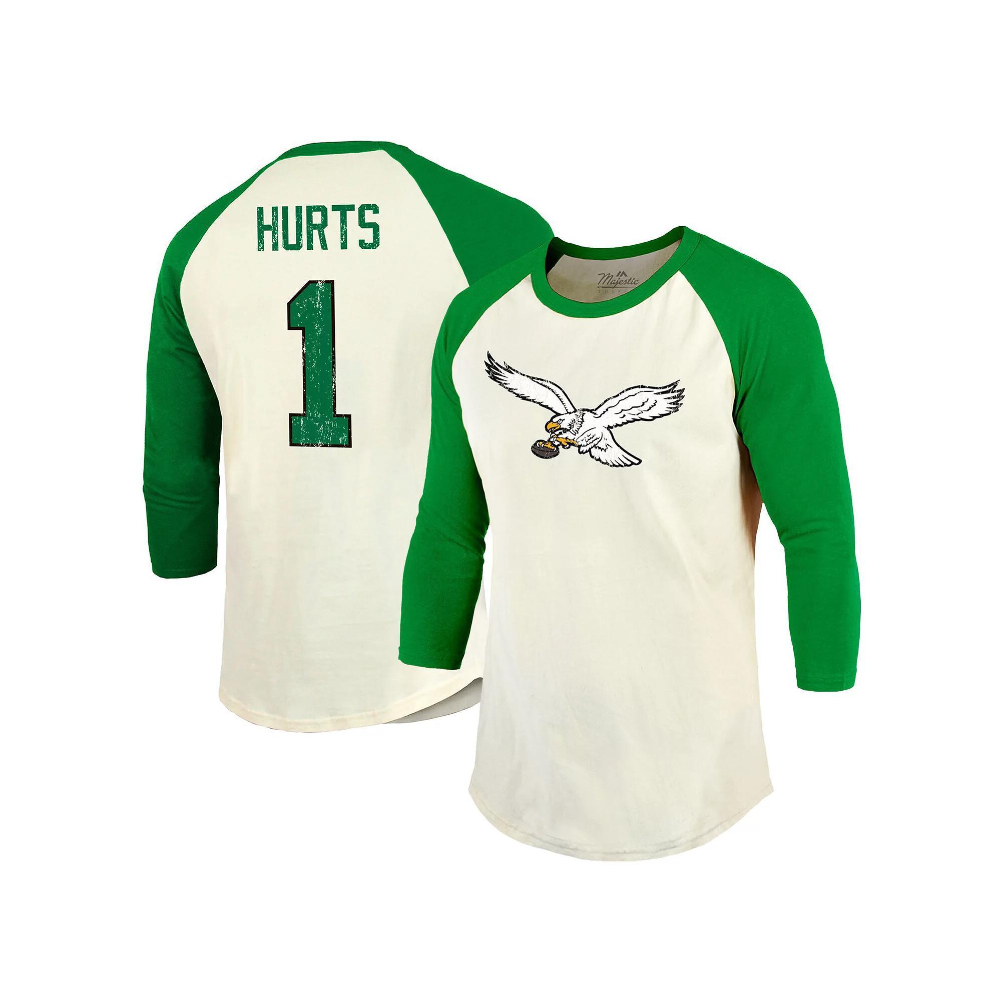 Men's Majestic Threads Jalen Hurts Cream/Kelly Green Philadelphia Eagles Alternate Player Name & Number Raglan 3/4-Sleeve T-Shirt, Size: 2XL, Beige Product Image