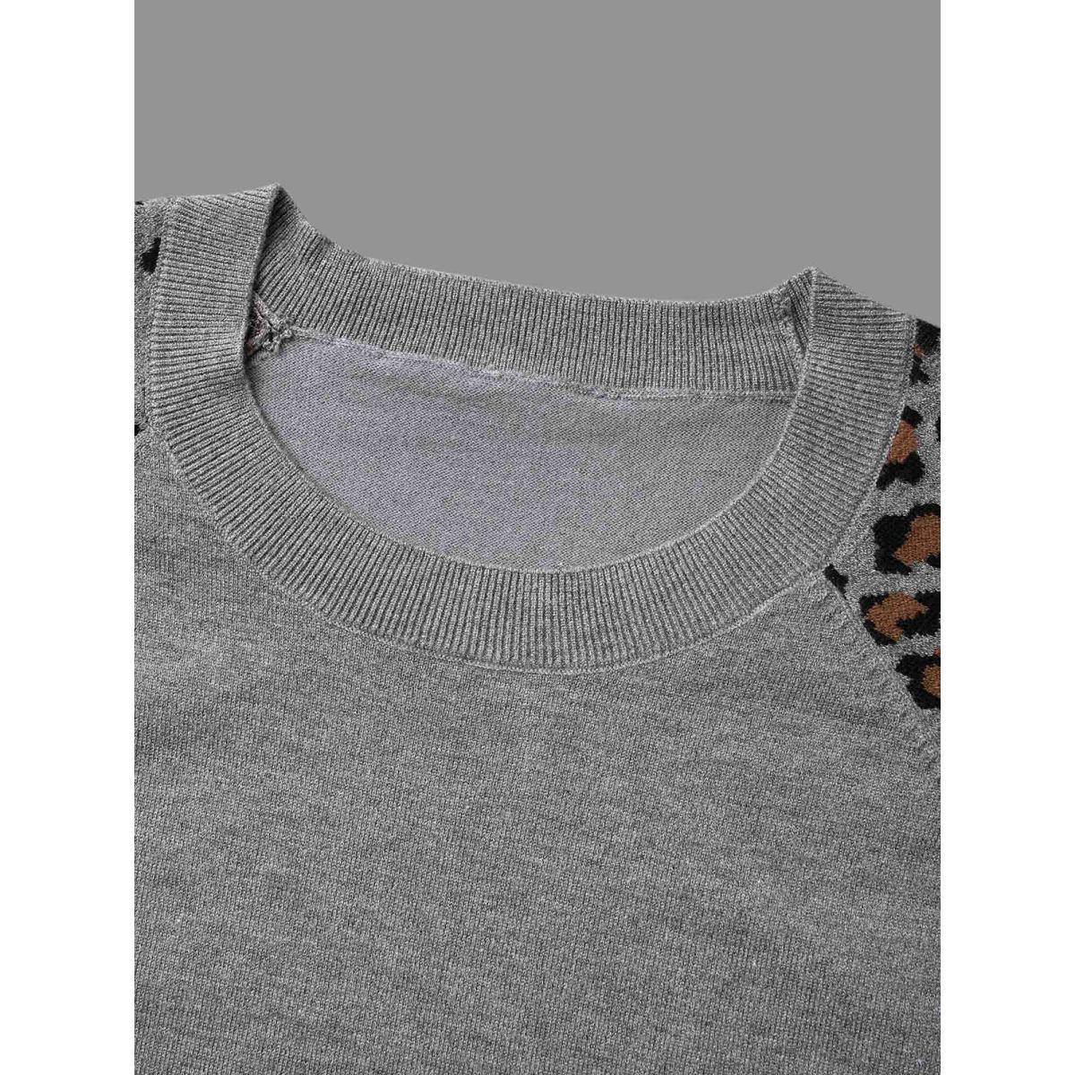 Plus Size Leopard Print Raglan Sleeve Pullover DarkGray Women Casual Loose Long Sleeve Round Neck Everyday Pullovers BloomChic 10/M Product Image