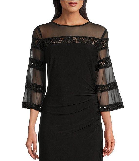 Le Bos 3/4 Illusion Sleeve Crew Neck Embroidered Sheath Dress Product Image