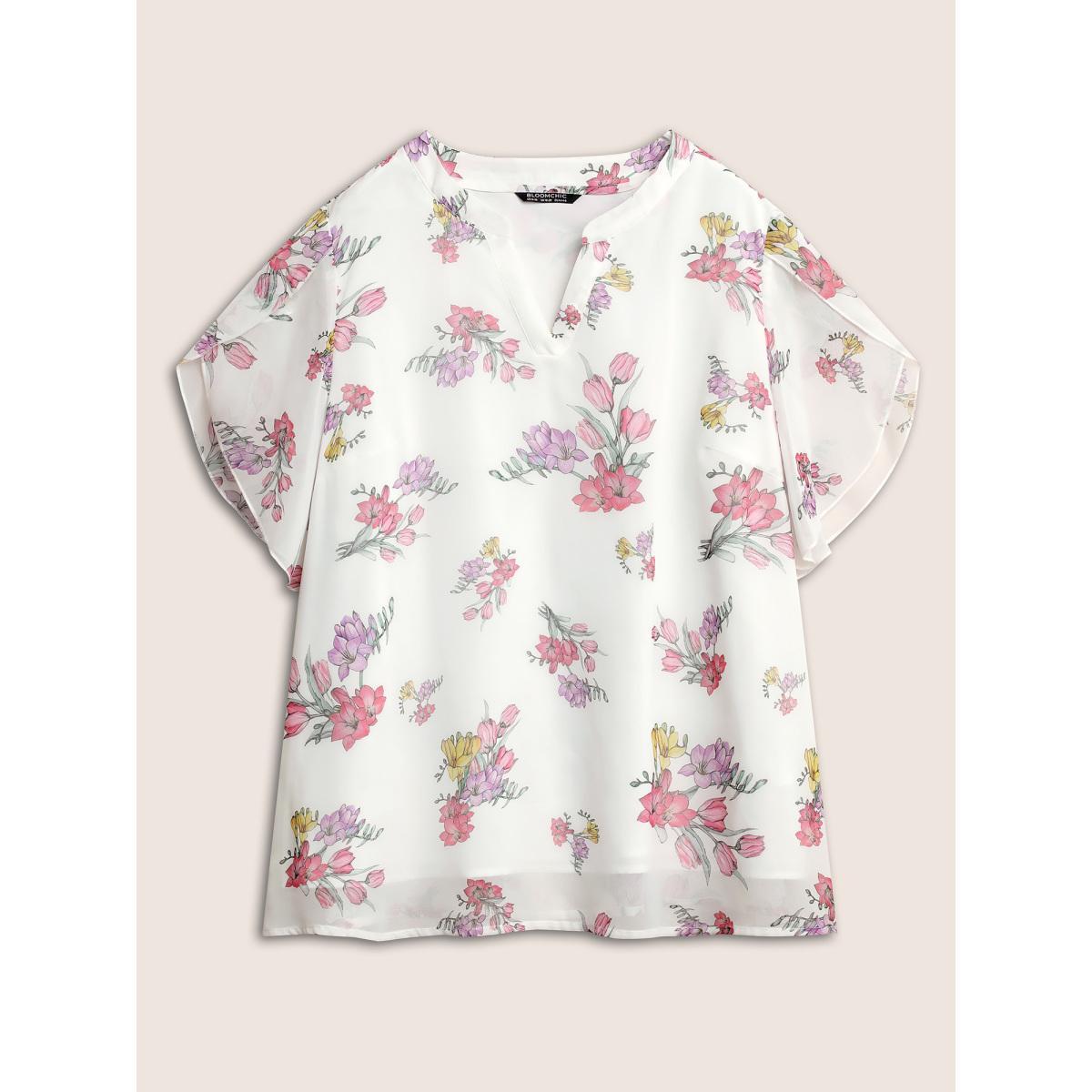 Plus Size White Floral Notched Mesh Petal Sleeve Blouse Women Elegant Everyday Blouses BloomChic 22-24/3X Product Image