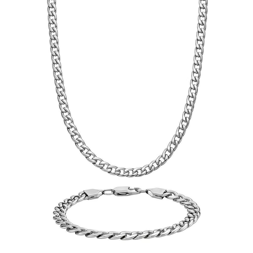 LYNX Stainless Steel 7.5MM Curb Chain Men's Bracelet and Necklace Set, Size: 22" Product Image
