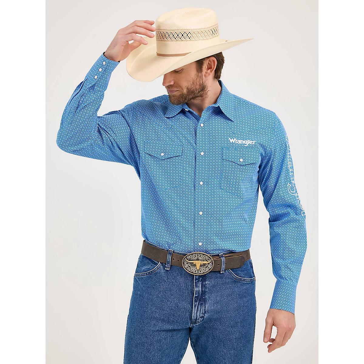 Men's Wrangler® Logo Long Sleeve Western Snap Print Shirt in Cerulean Product Image