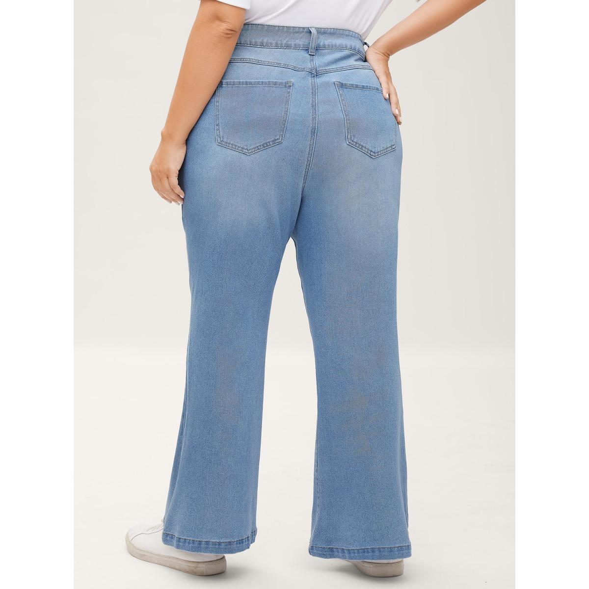 Plus Size Classic Flared Hem Mid-Rise Jeans Women Midblue Slanted pocket Jeans BloomChic 18/2X Product Image