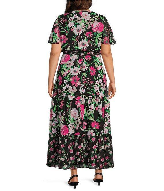 Kasper Plus Size Floral Chiffon Flutter Sleeve Tiered Dress Product Image