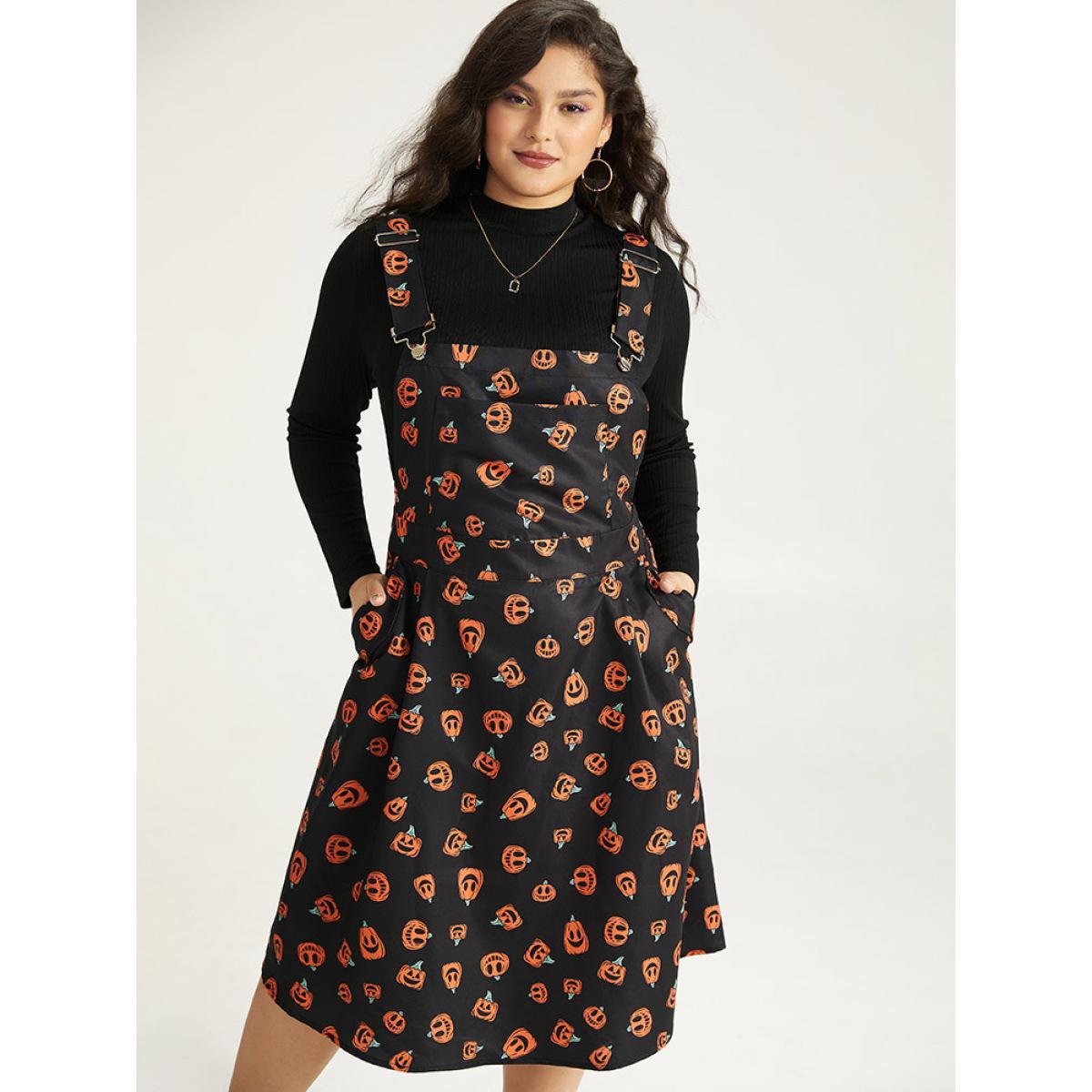 Plus Size Halloween Pocket Pumpkin Print Overall Cami Dress Black Women Casual Adjustable Straps Spaghetti Strap Sleeveless Curvy Midi Dress BloomChic 28/5X Product Image