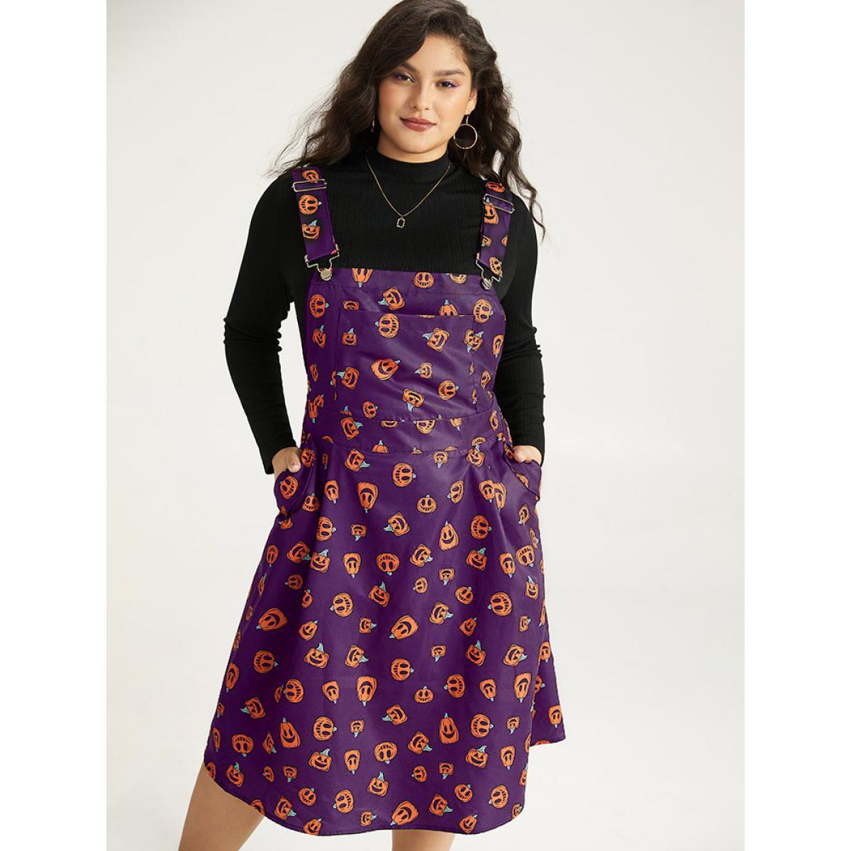 Plus Size Halloween Pocket Pumpkin Print Overall Cami Dress Purple Women Casual Adjustable Straps Spaghetti Strap Sleeveless Curvy Midi Dress BloomChic 30/6X Product Image