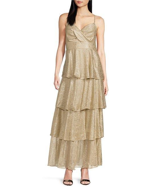 Skies Are Blue Lurex Metallic Shimmer Sweetheart Neck Sleeveless Tiered Maxi Dress Product Image