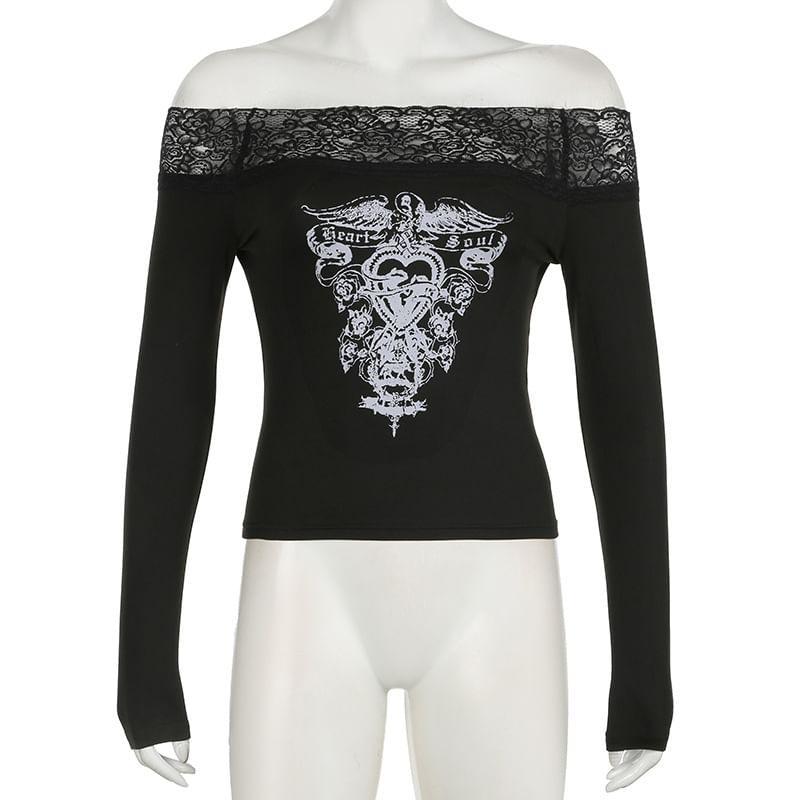 Long Sleeve Off Shoulder Heart Print Panel Lace Top Product Image