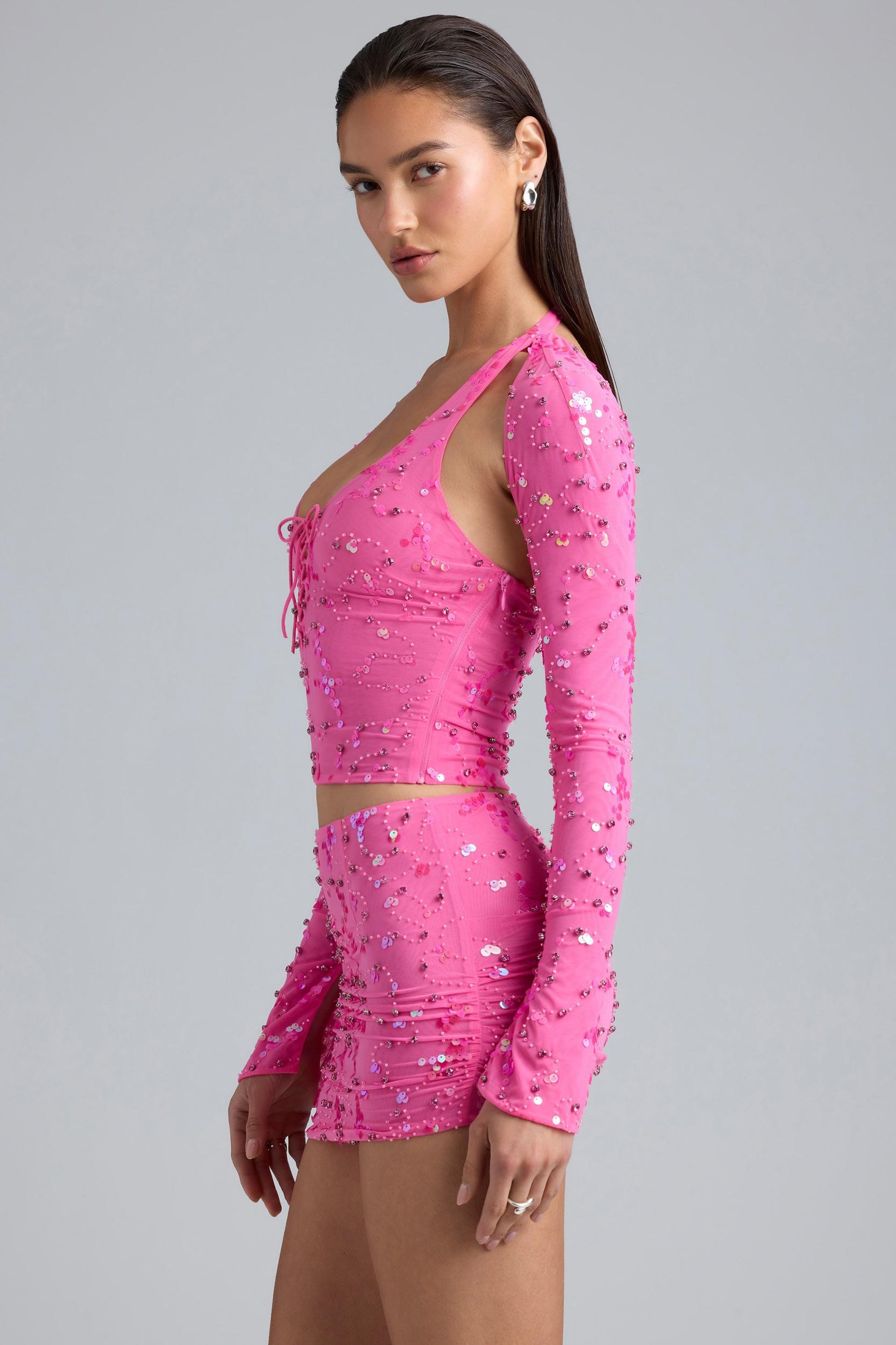 Embellished Cut-Out Halterneck Top in Bubblegum Pink Product Image