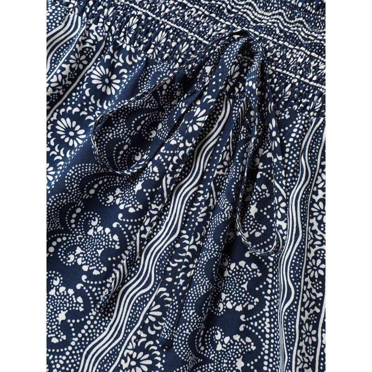 Plus Size Boho Print Shirred Waist Wide-Leg Pants Women Indigo Resort Wide Leg Mid Rise Vacation Pants BloomChic 12/L Product Image