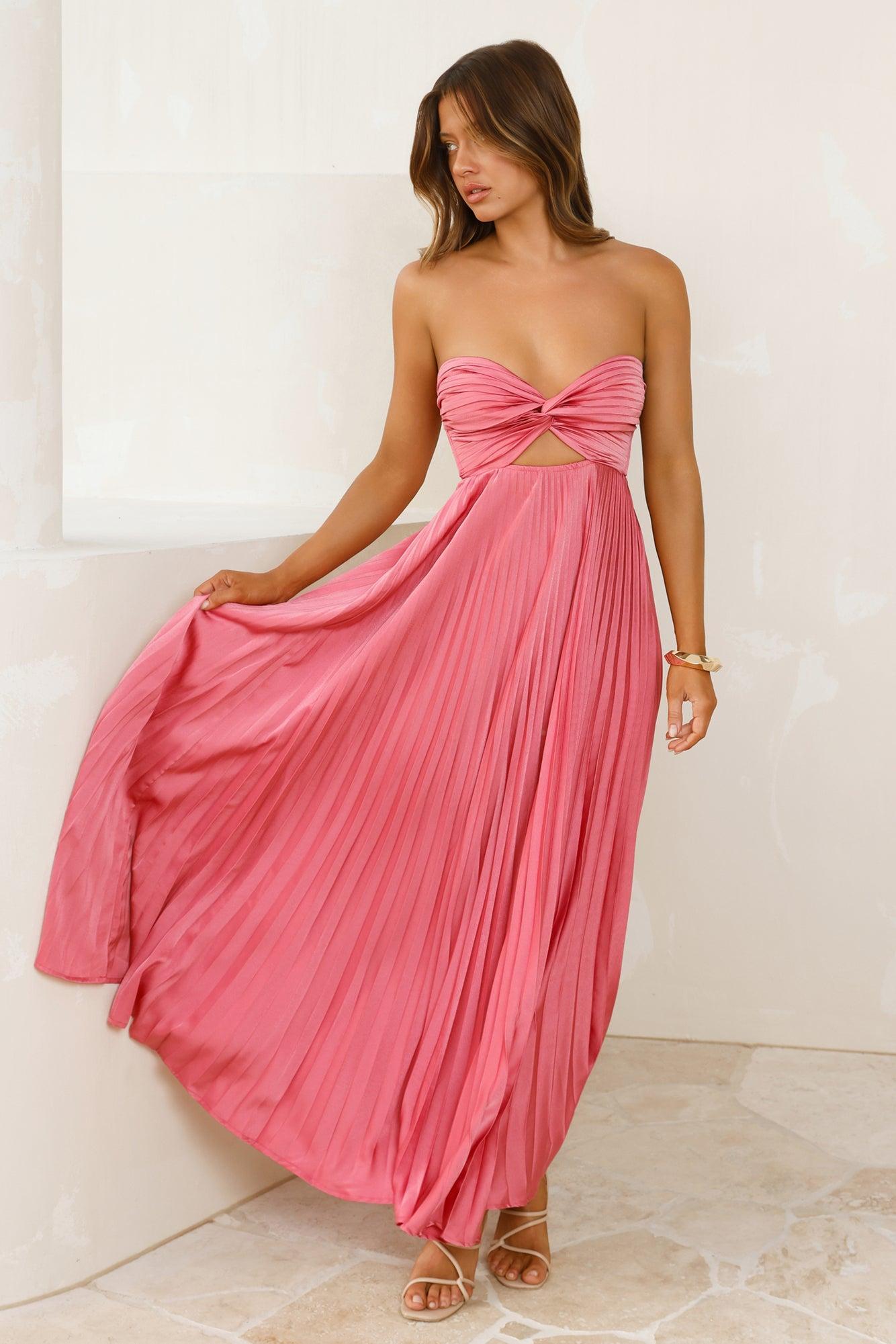Vibes Are Priceless Strapless Satin Pleated Maxi Dress Rose Product Image