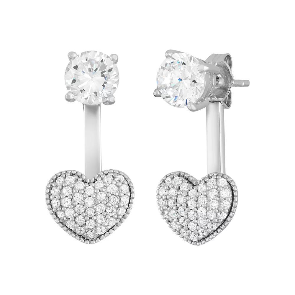 Sterling Silver Cubic Zirconia Front-Back Heart Drop Earrings, Women's, White Product Image