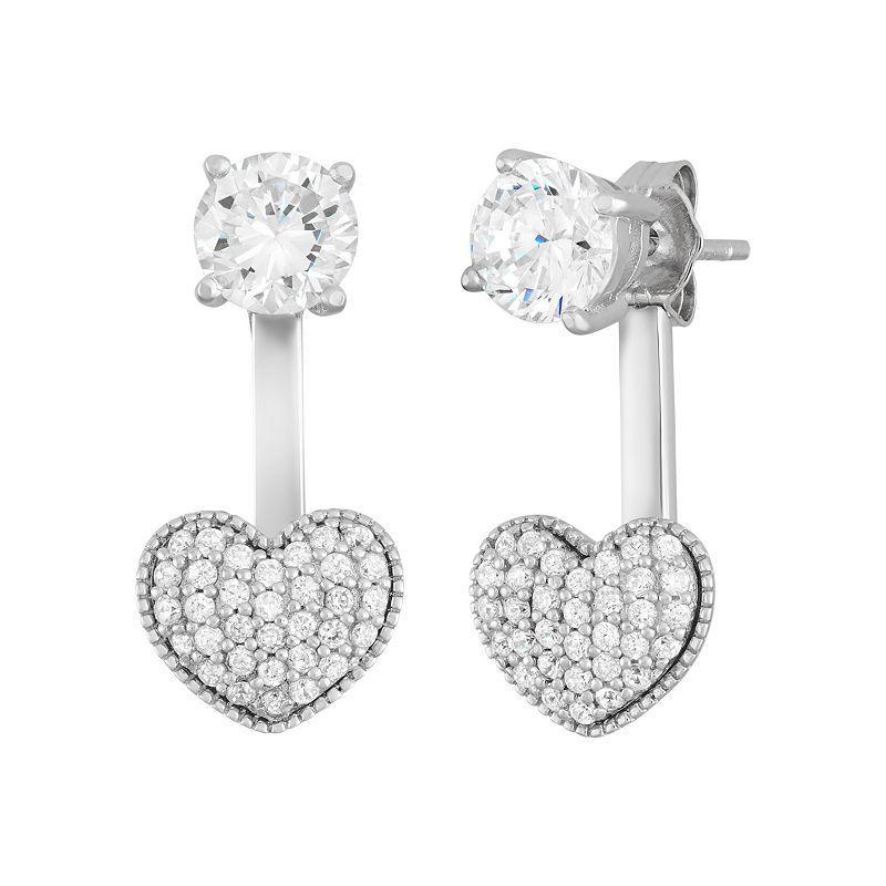 Sterling Silver Cubic Zirconia Front-Back Heart Drop Earrings, Women's, White Product Image