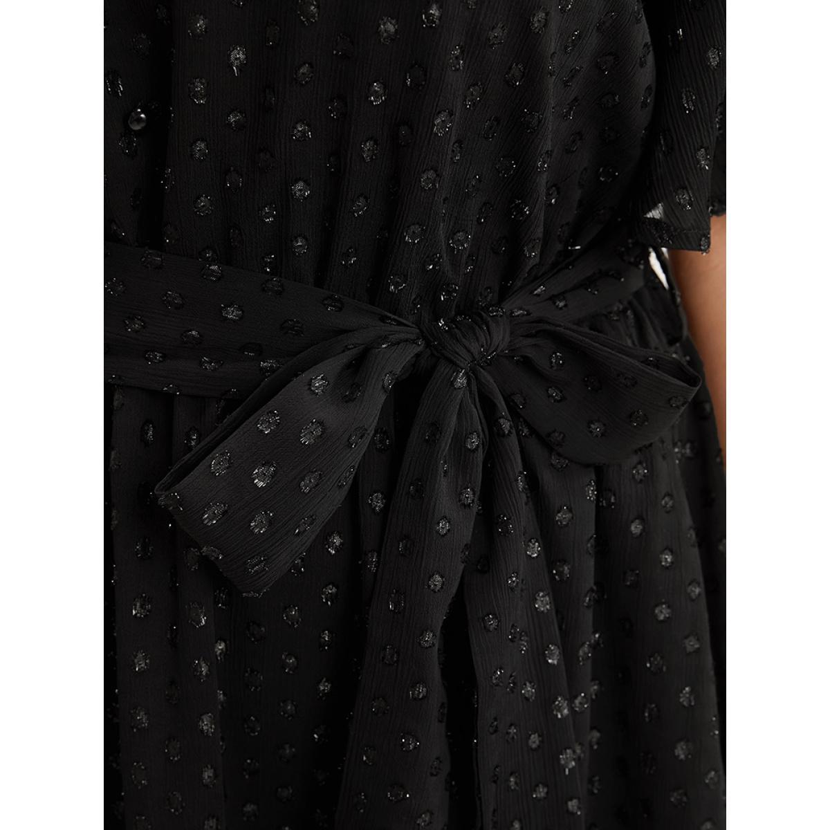 Plus Size Glitter Polka Dot V Neck Pocket Belted Ruffles Hem Dress Black Women Glamour Asymmetrical V-neck Short sleeve Curvy Midi Dress BloomChic 14-16/1X Product Image