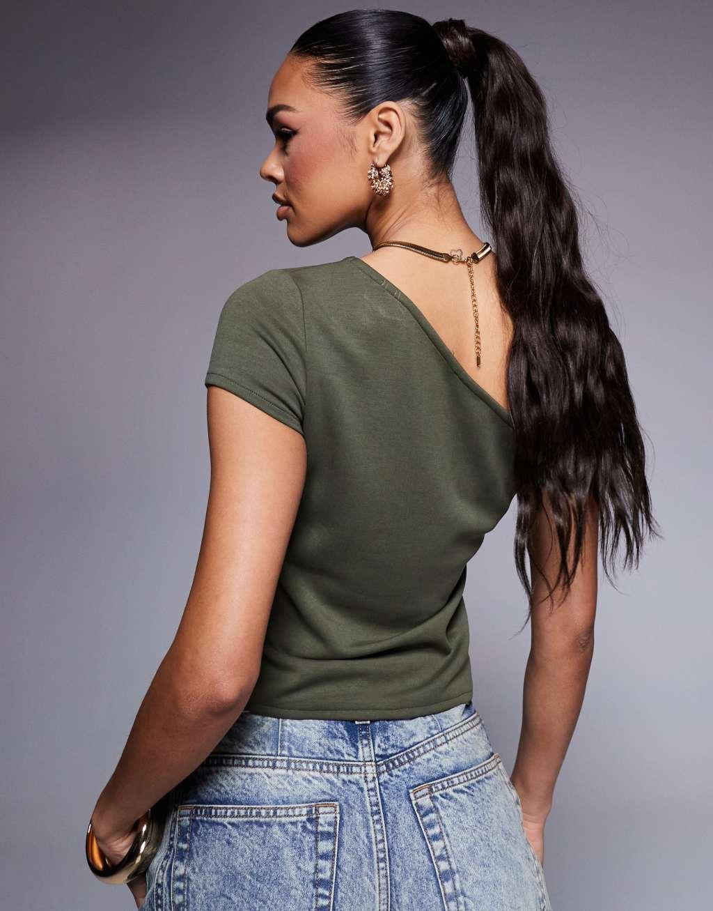 ASOS DESIGN off-shoulder button down cupro T-shirt in khaki Product Image