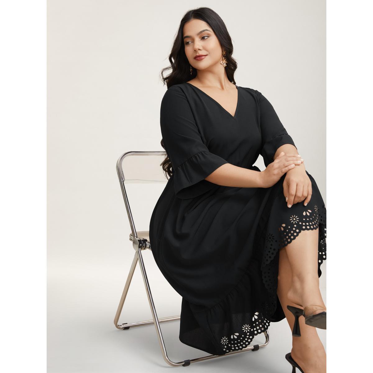 Plus Size Cut-Out Waist-Defining Ruffled Midi Dress Black Women Elegant Cut-Out V-neck Elbow-length sleeve Curvy BloomChic 28/5X Product Image