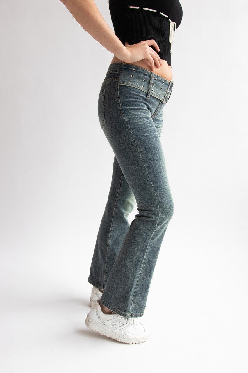 Grunge Wash Belted Flare Jeans Product Image
