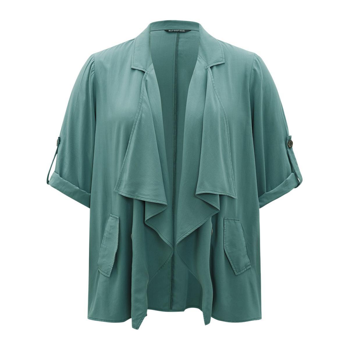 Plus Size Solid Pocket Asymmetrical Neck Roll Tab Sleeve Jacket Women Emerald Plain Loose Pocket Dailywear Jackets BloomChic 26/4X Product Image