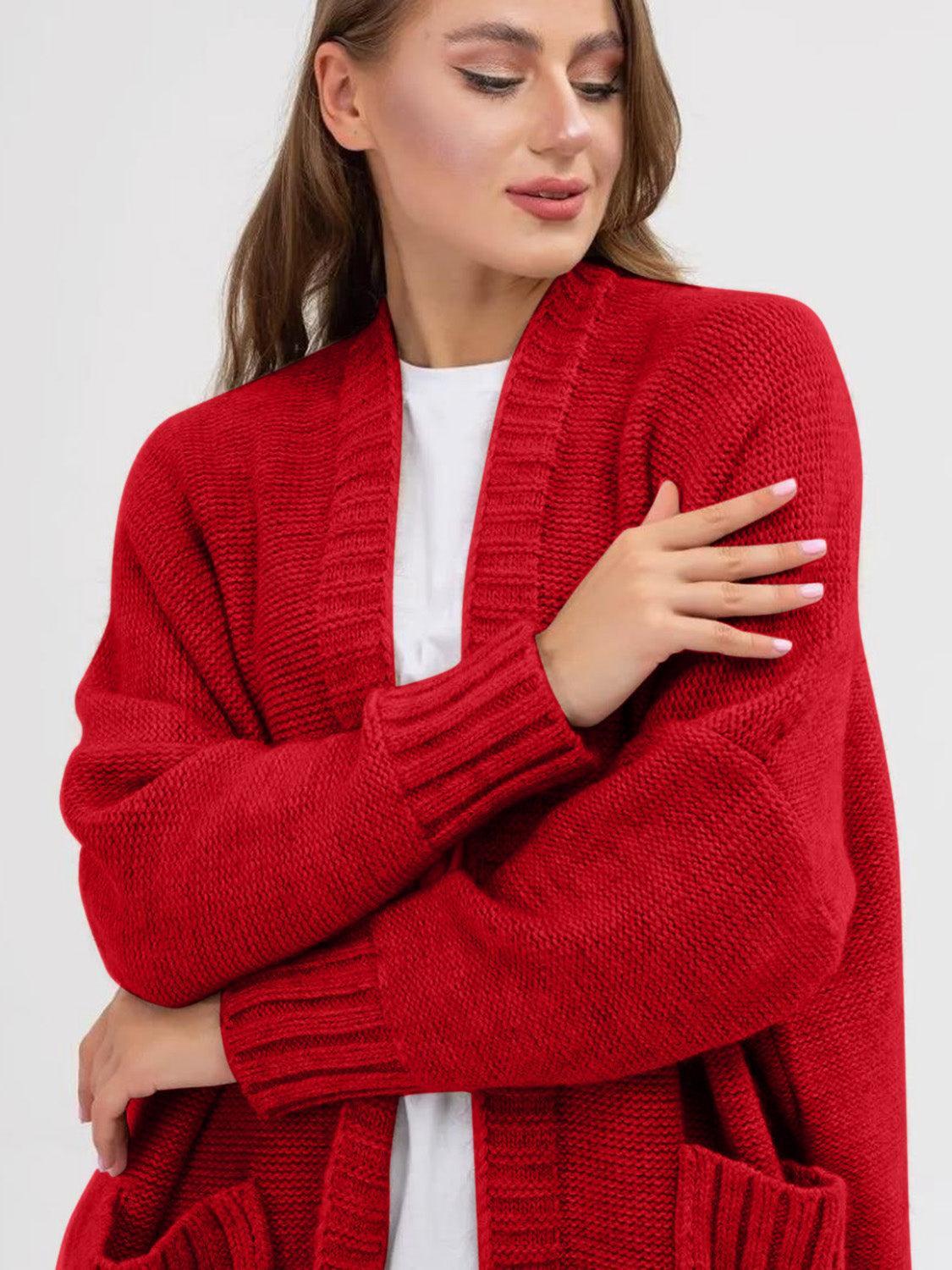 Pocketed Open Front Long Sleeve Longline Cardigan Product Image