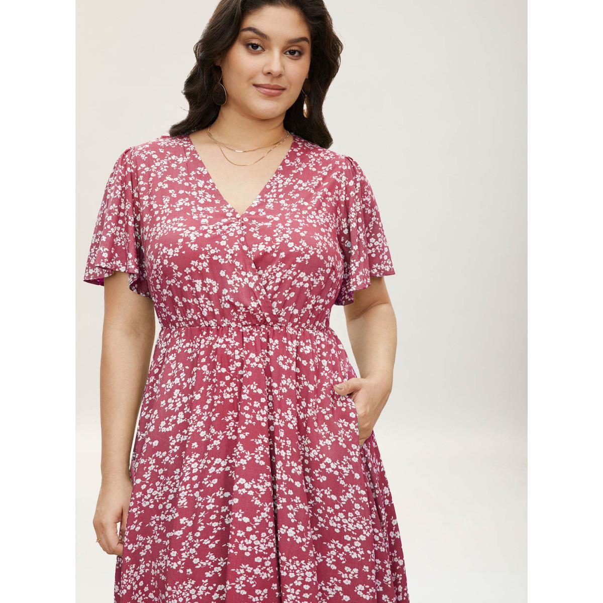 Plus Size Bloom Dress - Ditsy Floral Elastic Waist Ruffles Pocket Knee Dress DustyPink Women Elegant Non V-neck Short sleeve Curvy Knee Dress BloomChic 14-16/1X Product Image