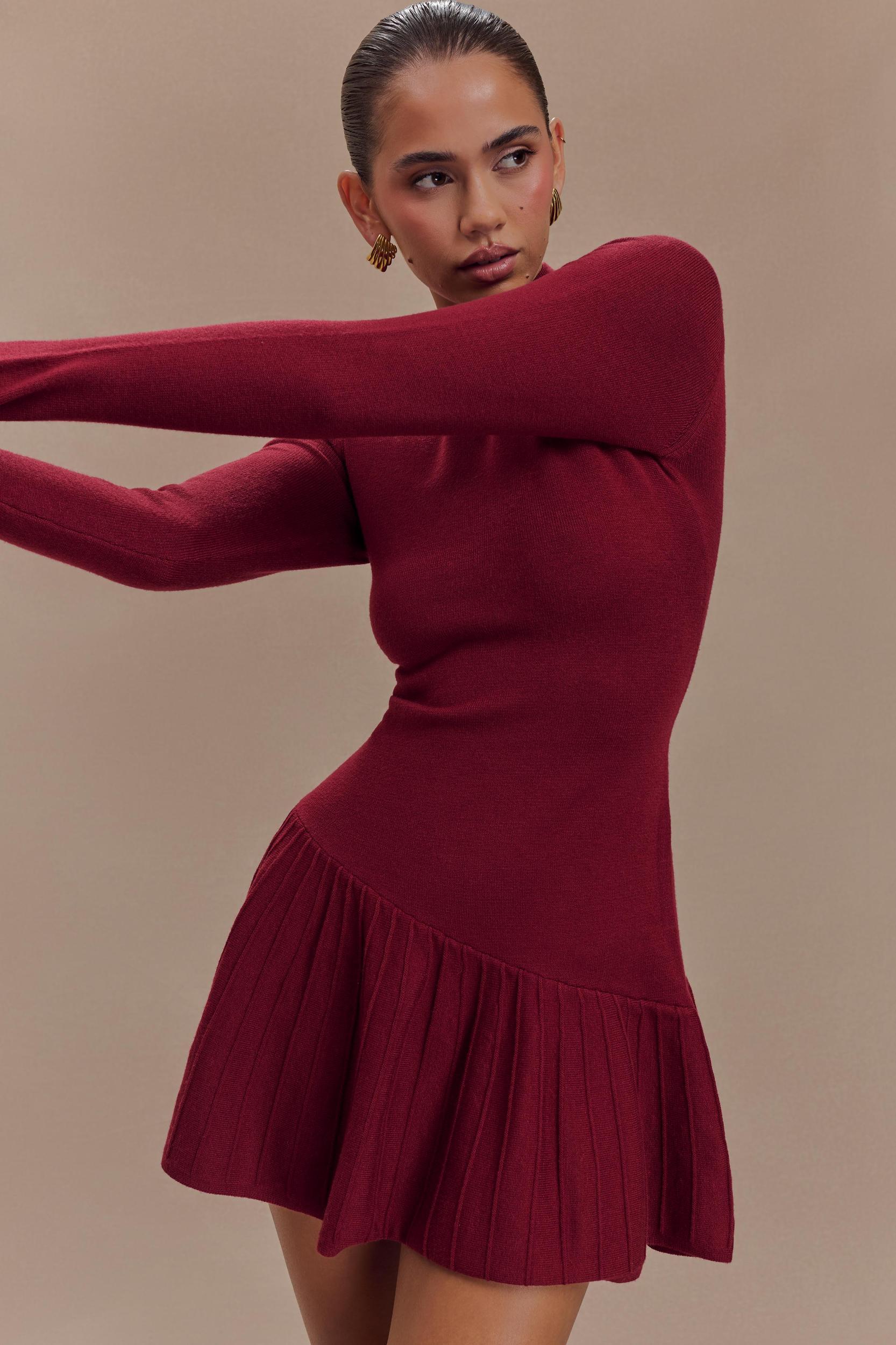 Blair Knit Mini Dress With Pleats - Merlot Product Image