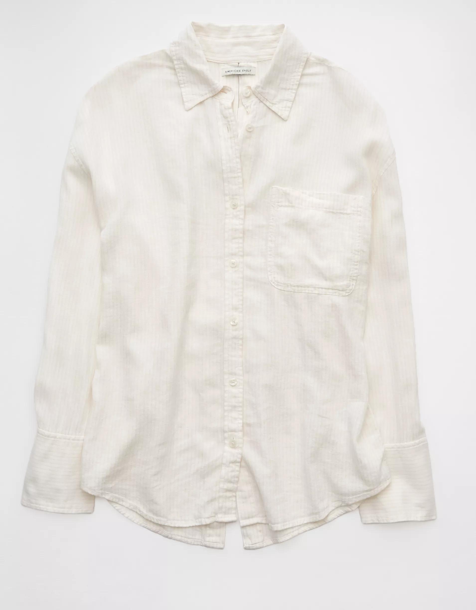 AE Linen-Blend Long-Sleeve Tie Back Button-Up Shirt Product Image