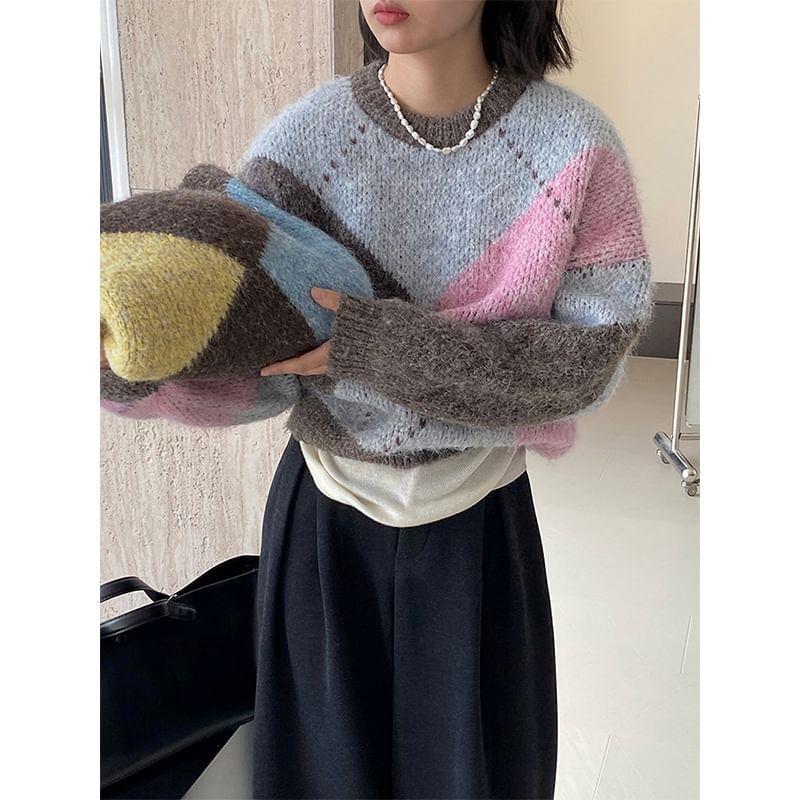 Crew Neck Argyle Sweater Product Image