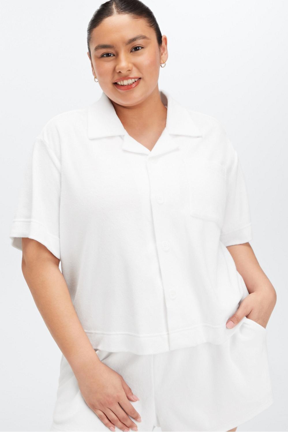 Fabletics Island Terry Boxy Button Up Womens white plus Size 2X Product Image