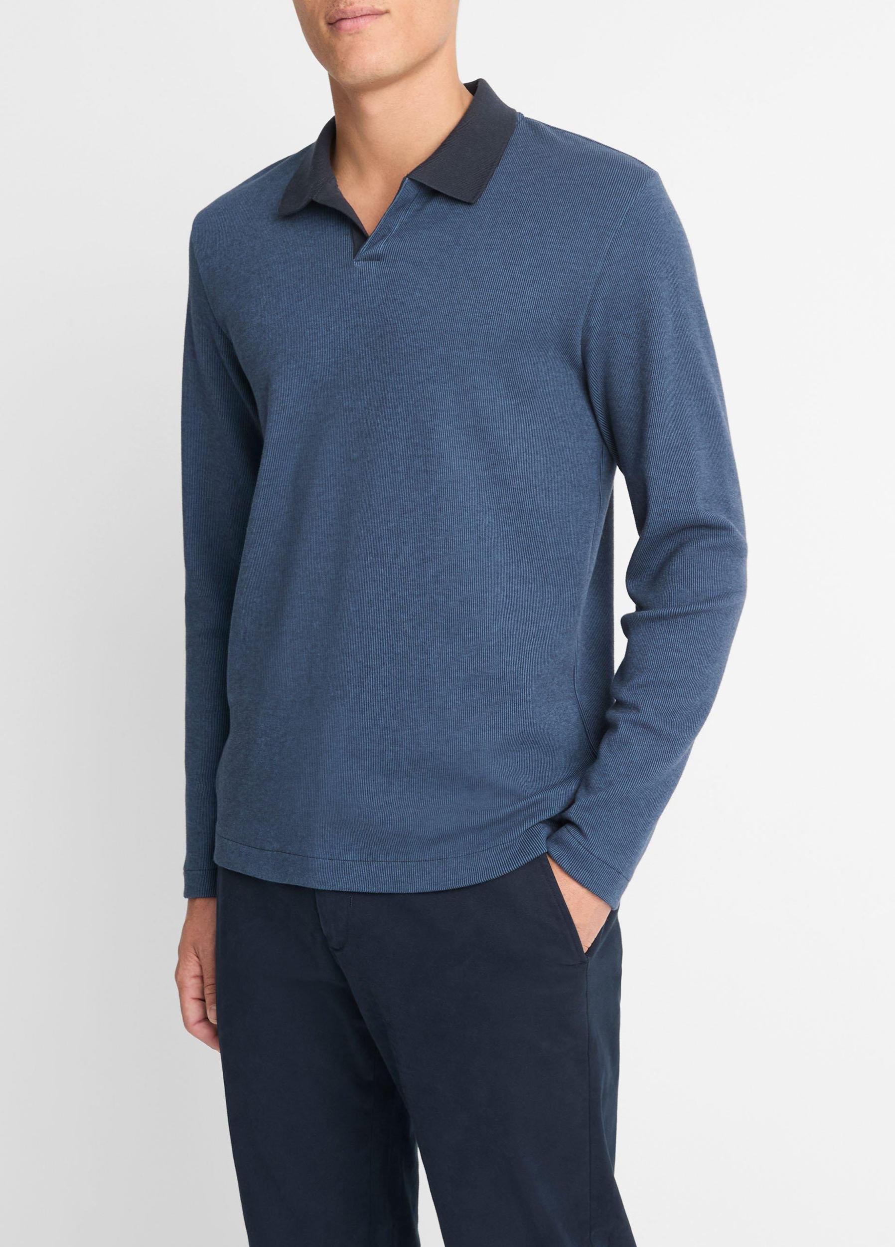 Bicolor Rib Cotton-Blend Johnny-Collar Shirt Product Image