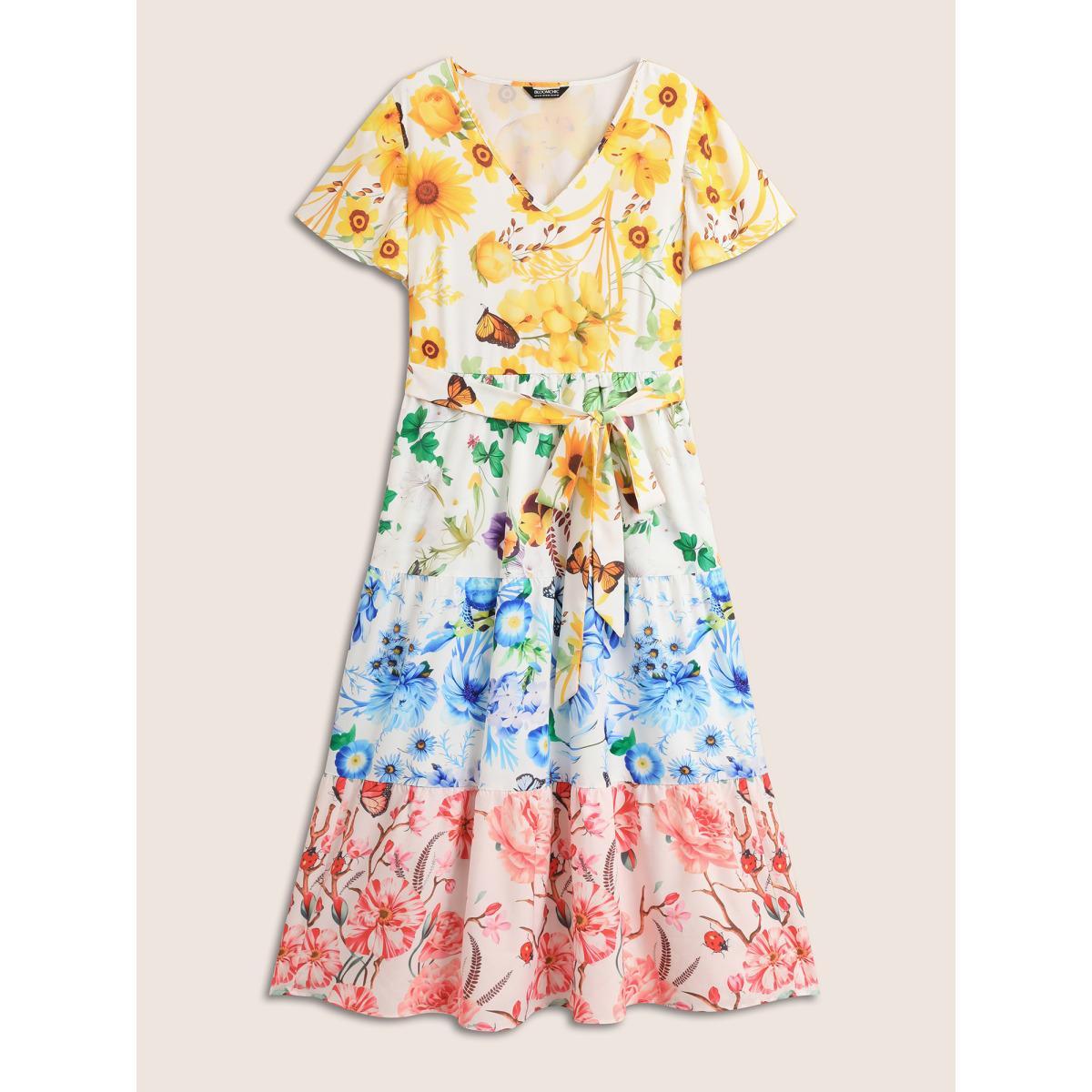 Plus Size Floral & Butterfly Contrast Ruffle Layered Hem Dress Multicolor Women Elegant Belted V-neck Short sleeve Curvy BloomChic 14-16/1X Product Image