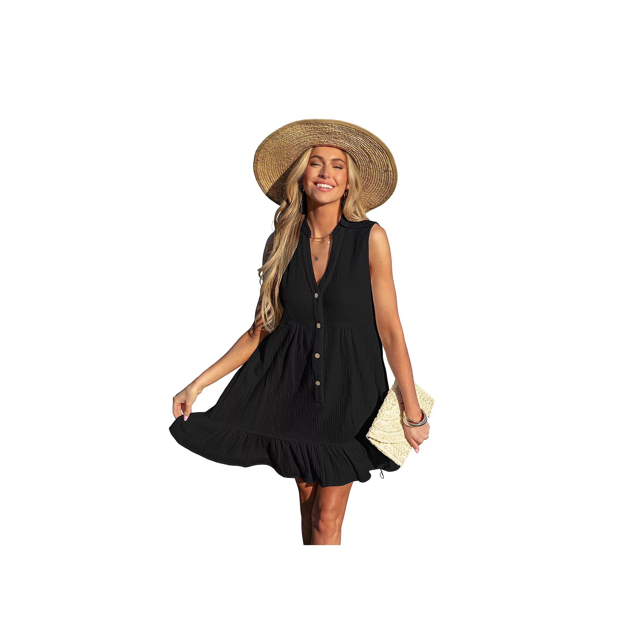 Women's Cupshe Button Front Ruffled Hem Cover-Up Mini Swim Dress, Size: Large, Black Product Image