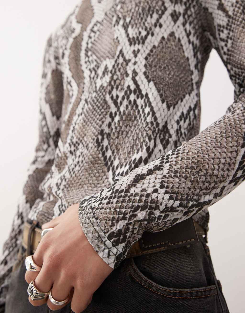COLLUSION long sleeve t-shirt in snake print tissue mesh Product Image