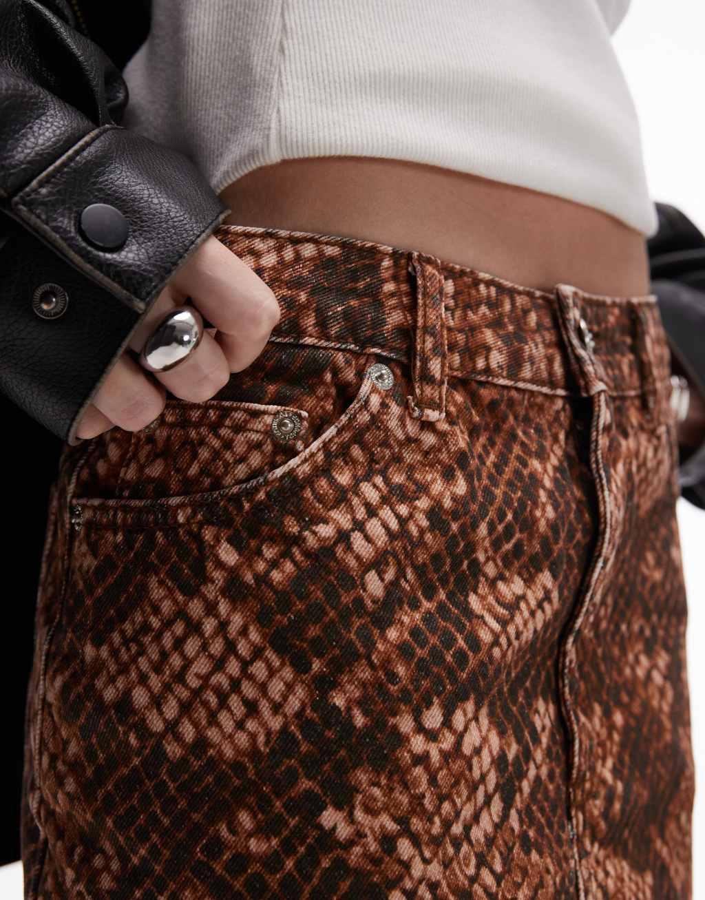 Topshop denim mini pelmet skirt in brown snake print Product Image