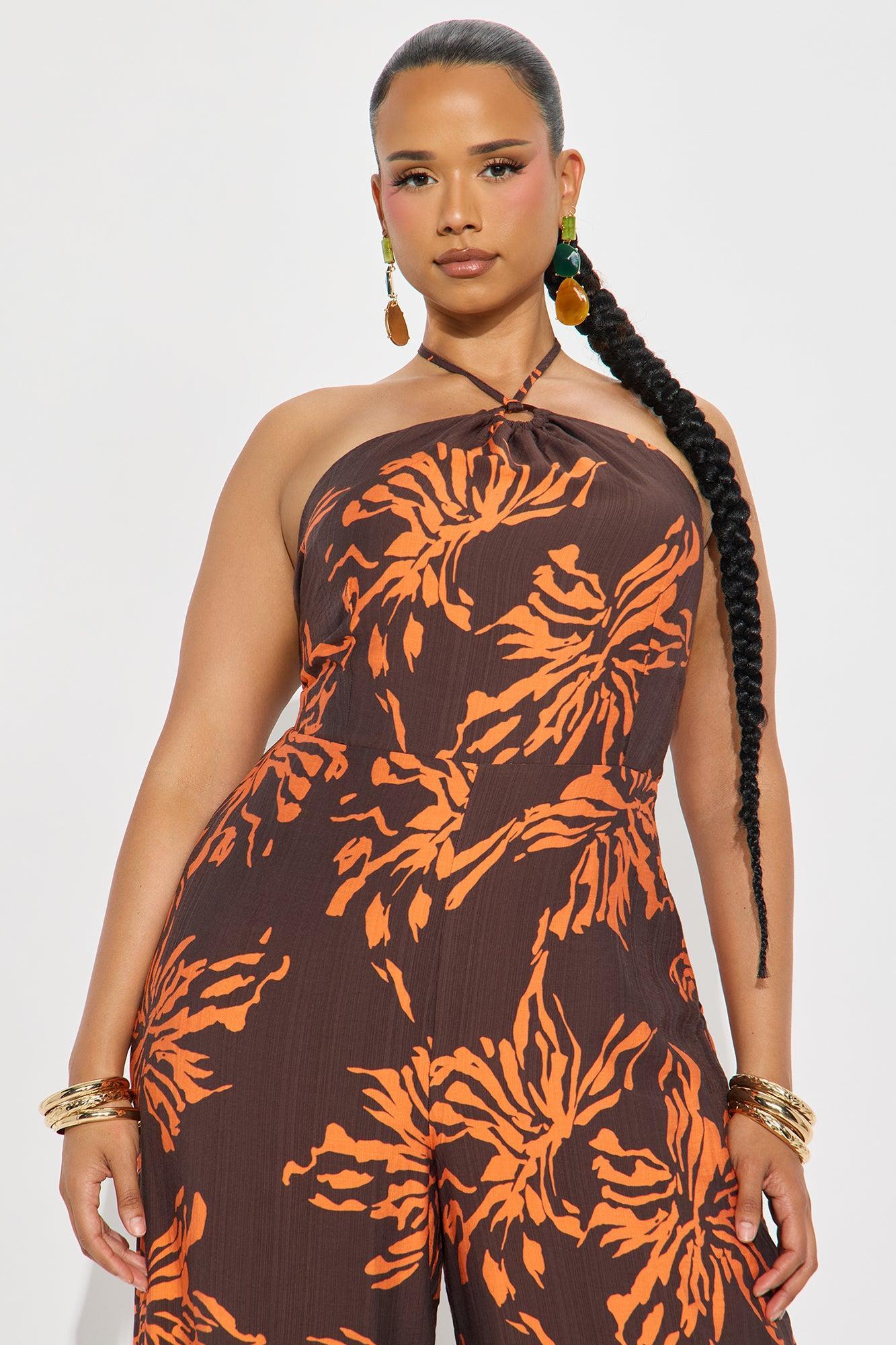 Serena Linen Halter Jumpsuit - Brown Combo Female Product Image
