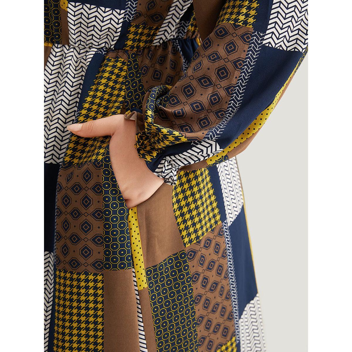 Plus Size Colorblock Patchwork Lantern Sleeve Knot Dress Multicolor Women Office Cross straps Tie Neck Long Sleeve Curvy Midi Dress BloomChic 30/6X Product Image