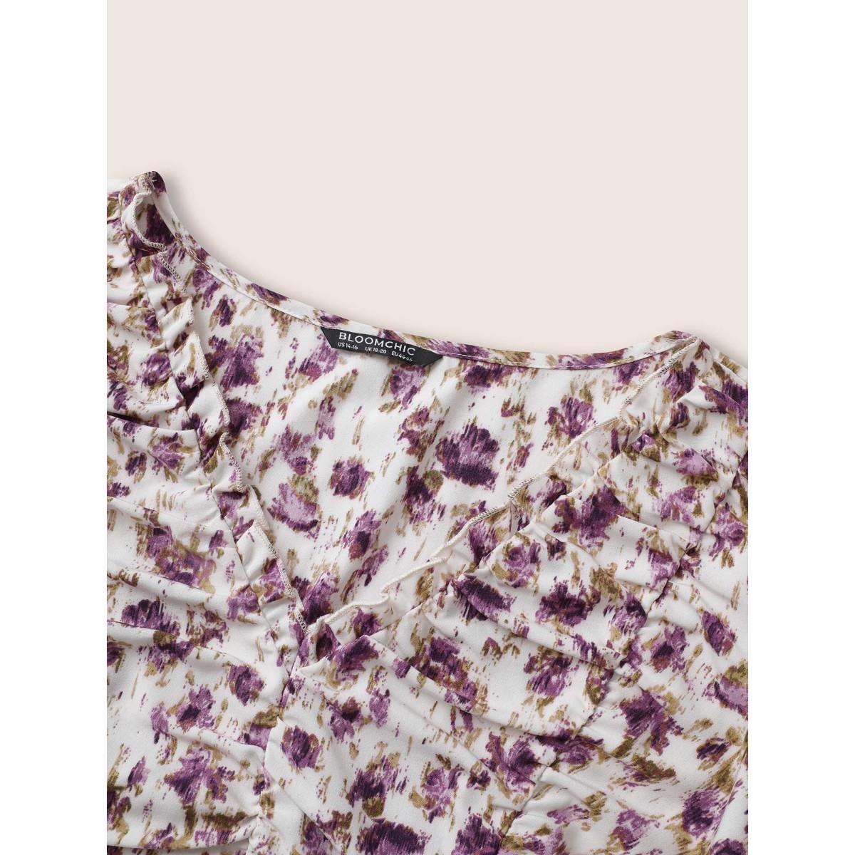 Plus Size Mauve Pixel Flower Ruched Ruffle Trim Blouse Women Elegant Short sleeve V-neck Everyday Blouses BloomChic 22-24/3X Product Image