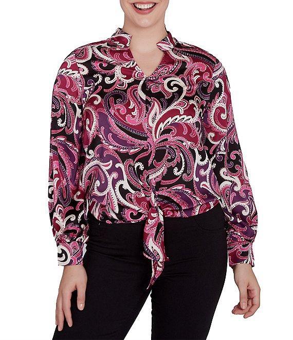 Ruby Rd. Woven Paisley Split V-Neck Long Sleeve Tie-Front Top Product Image