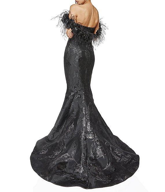 Terani Couture Jacquard Off-the-Shoulder Feather Trim Mermaid Gown Product Image
