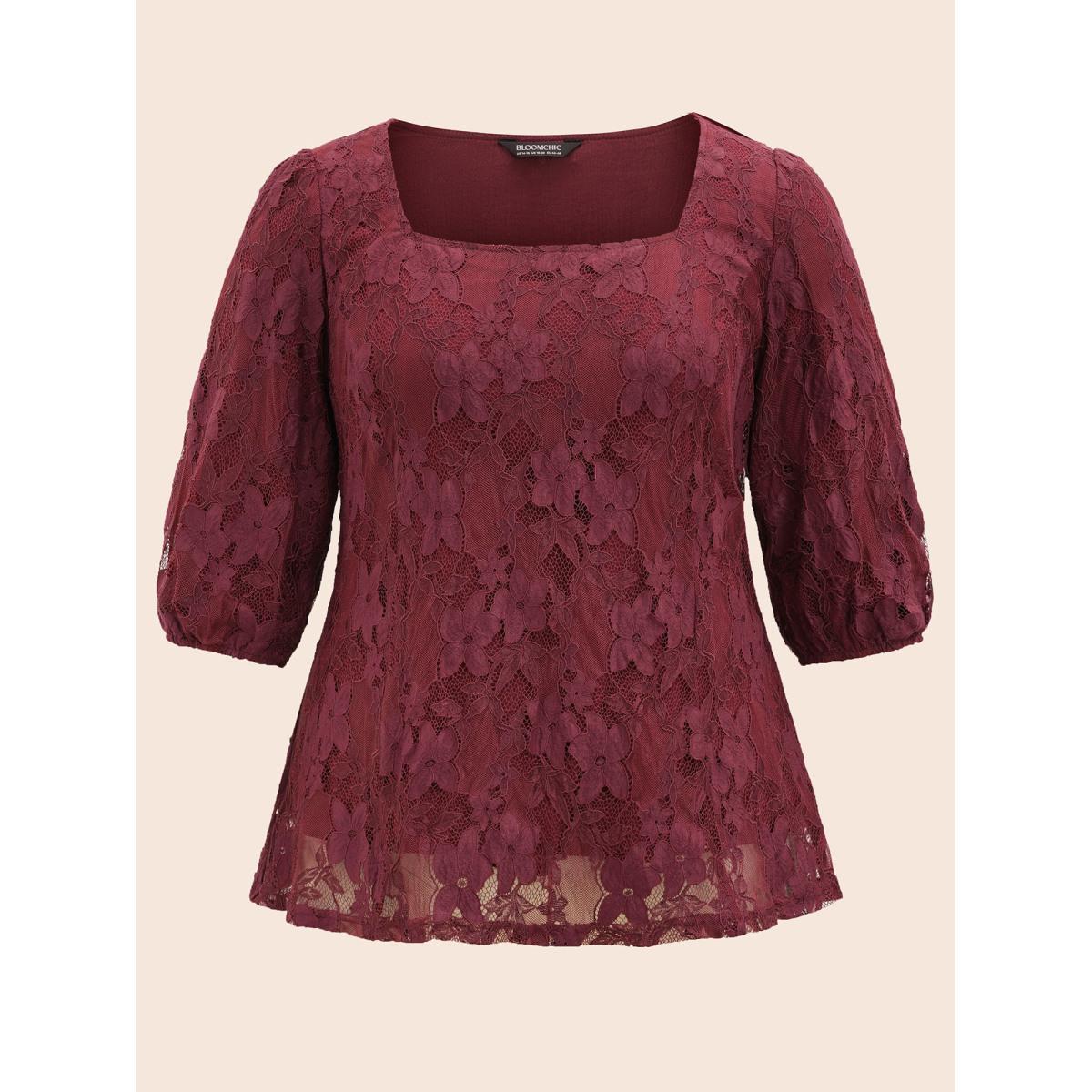Plus Size Burgundy Square Neck Lace Panel Lantern Sleeve Blouse Women Elegant Elbow-length sleeve Square Neck Everyday Blouses BloomChic 26/4X Product Image