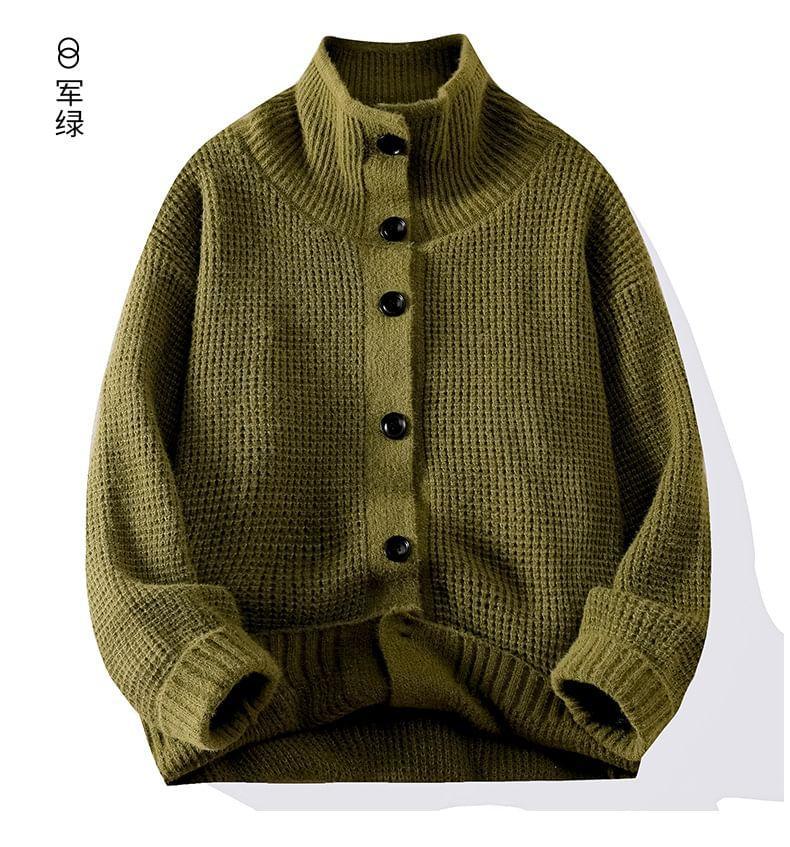 Stand Collar Plain Waffle Button-Up Cardigan Product Image