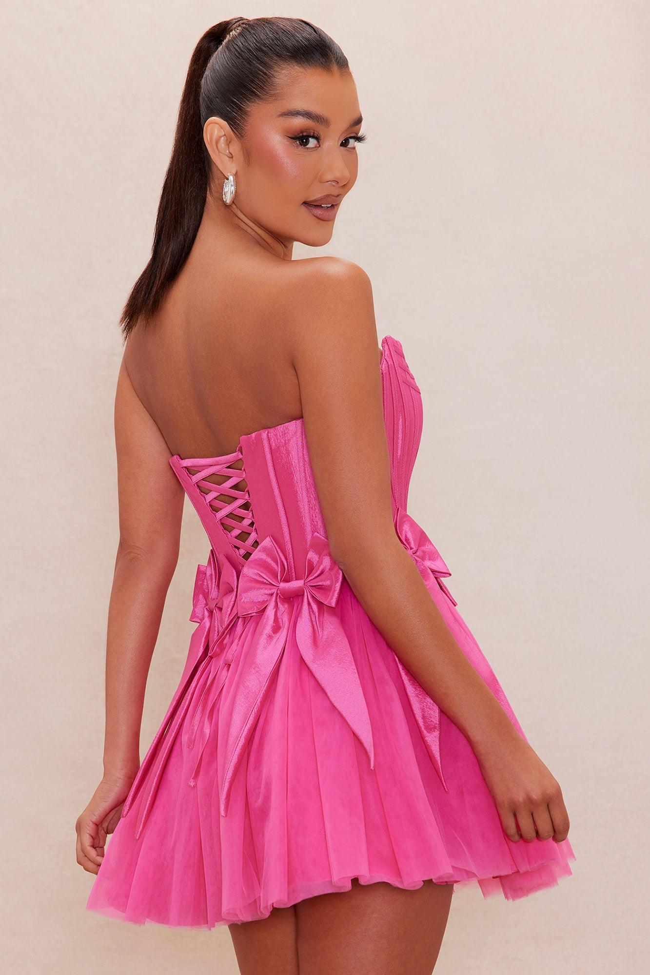 Brielle Bow Satin Mini Dress - Hot Pink Product Image