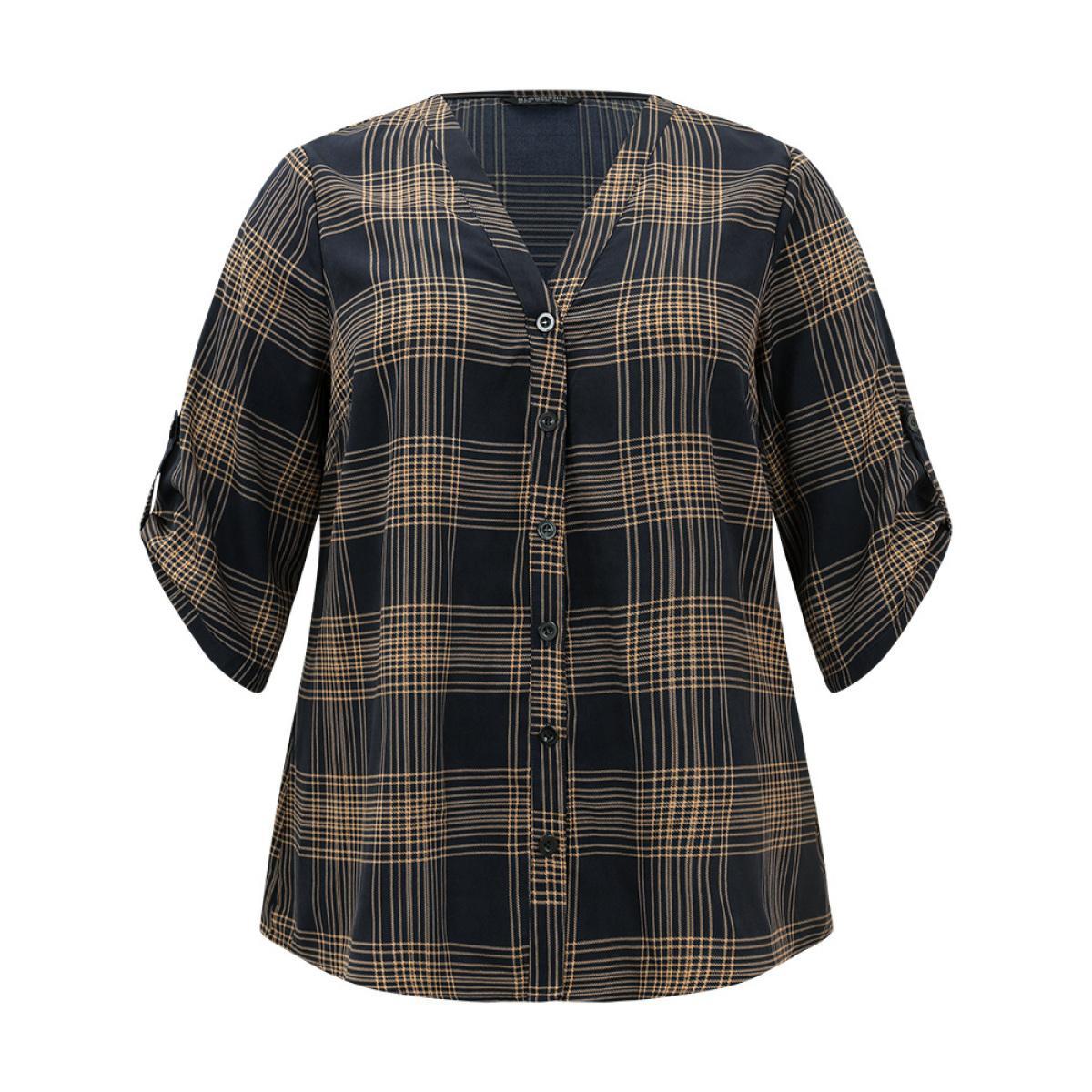 Plus Size Black Plaid Button Through Roll Tab Sleeve Blouse Women Office Half Sleeve V-neck Work Blouses BloomChic 26/4X Product Image