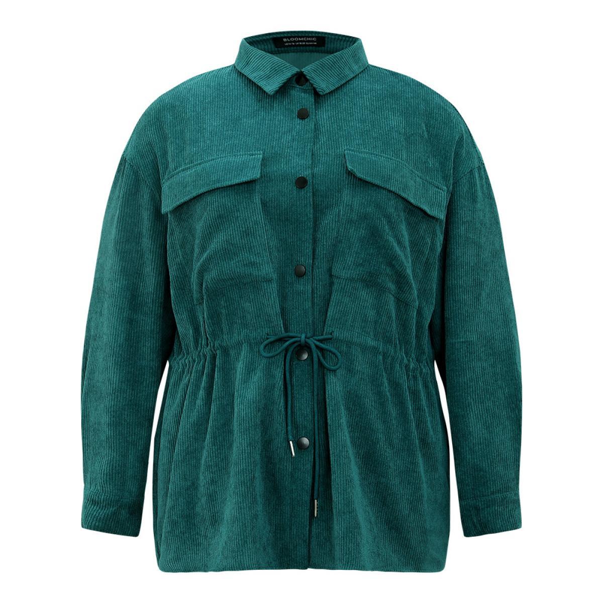 Plus Size Plain Corduroy Pocket Button Up Drawstring Gathered Coat Women Cyan Casual Plain Ladies Dailywear Winter Coats BloomChic 22-24/3X Product Image