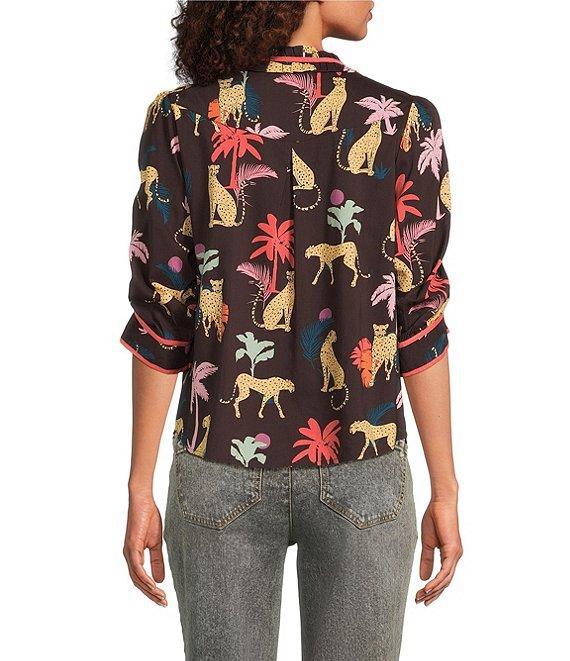 Democracy Petite Size Woven Animal Palm Print Ruffle Split V-Neck Ruched Elbow Sleeve Top Product Image