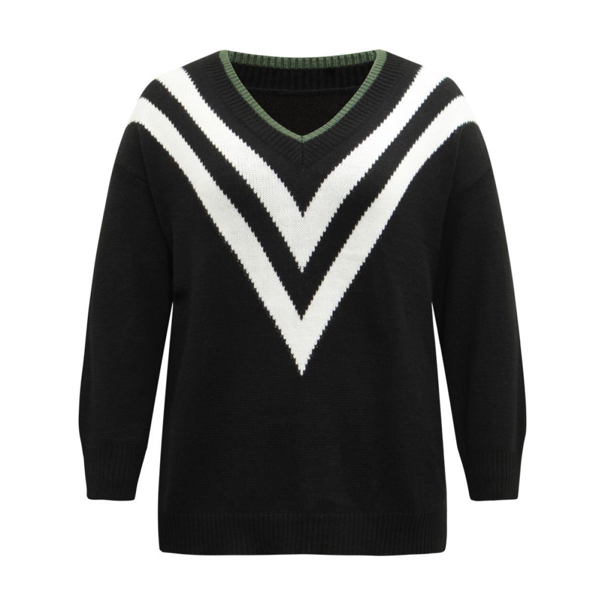 Plus Size Striped Contrast Trim Long Sleeve Pullover Black Women Casual Loose Long Sleeve V-neck Everyday Pullovers BloomChic 26/4X Product Image